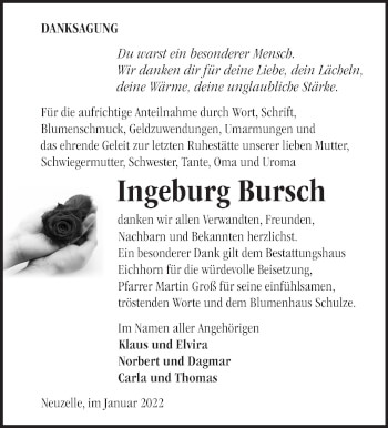 Traueranzeige von Ingeburg Bursch von Märkische Oderzeitung