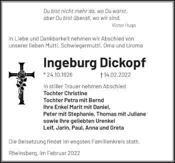 Traueranzeige von Ingeburg Dickopf von Märkische Oderzeitung