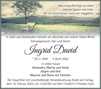 Traueranzeige von Ingrid David von Märkische Oderzeitung