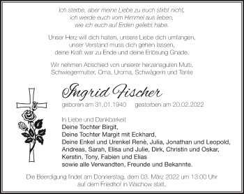 Traueranzeige von Ingrid Fischer von Märkische Oderzeitung