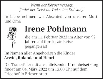 Traueranzeige von Irene Pohlmann von Märkische Oderzeitung