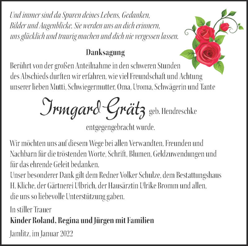  Traueranzeige für Irmgard Grätz vom 05.02.2022 aus Märkische Oderzeitung