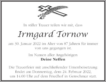 Traueranzeige von Irmgard Tornow von Märkische Oderzeitung