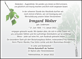 Traueranzeige von Irmgard Wolter von Märkische Oderzeitung