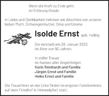 Traueranzeige von Isolde Ernst von Märkische Oderzeitung