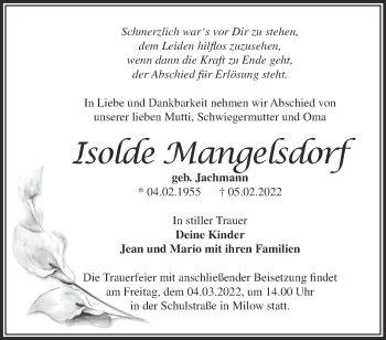 Traueranzeige von Isolde Mangelsdorf von Märkische Oderzeitung