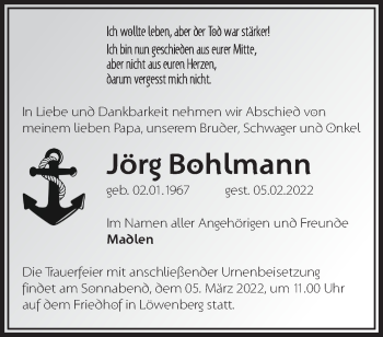 Traueranzeige von Jörg Bohlmann von Märkische Oderzeitung