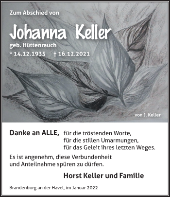 Traueranzeige von Johanna Keller von Märkische Oderzeitung