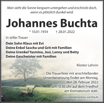 Traueranzeige von Johannes Buchta von Märkische Oderzeitung