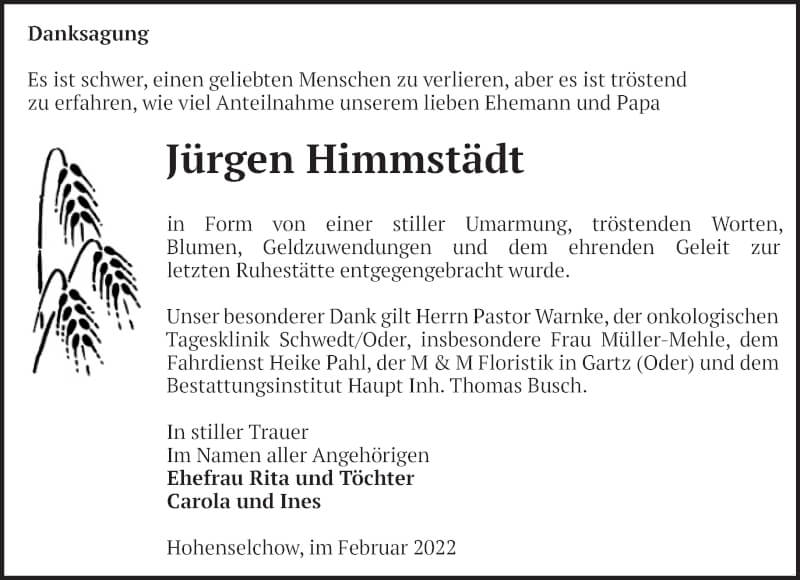  Traueranzeige für Jürgen Himmstädt vom 05.02.2022 aus Märkische Oderzeitung