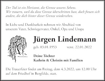 Traueranzeige von Jürgen Lindemann von Märkische Oderzeitung