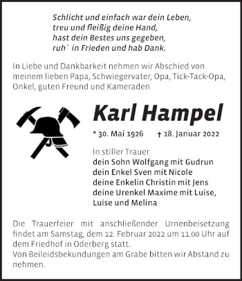 Traueranzeige von Karl Hampel von Märkische Oderzeitung