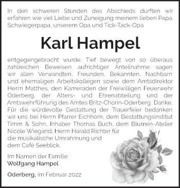 Traueranzeige von Karl Hampel von Märkische Oderzeitung