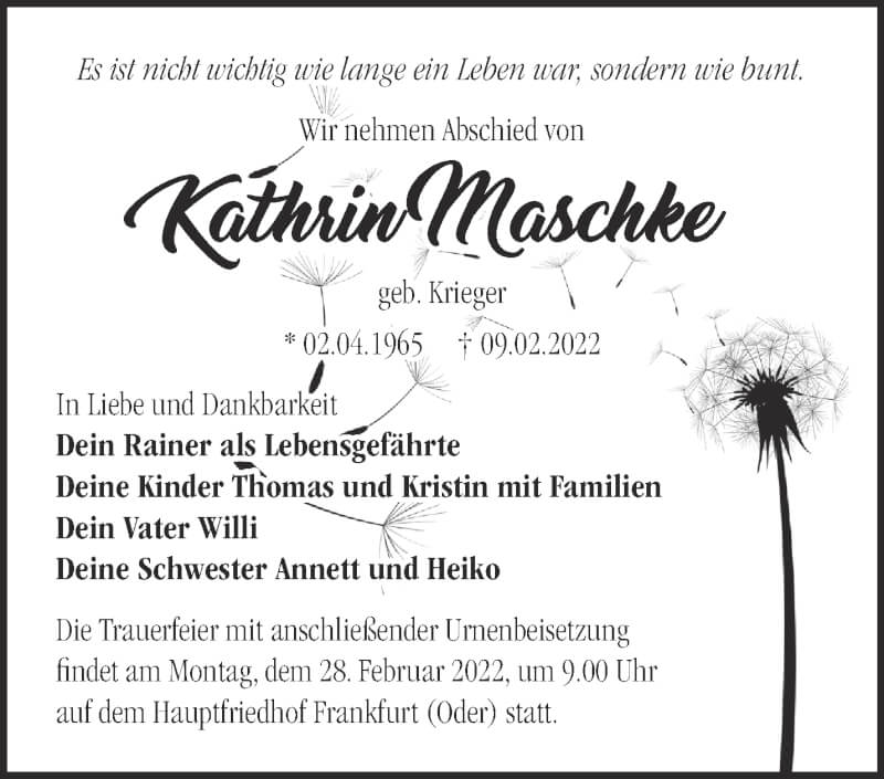  Traueranzeige für Kathrin Maschke vom 19.02.2022 aus Märkische Oderzeitung