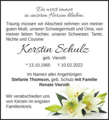 Traueranzeige von Kerstin Schulz von Märkische Oderzeitung