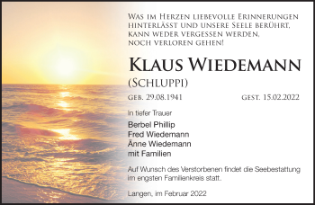 Traueranzeige von Klaus Wiedemann von Märkische Oderzeitung