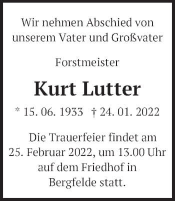 Traueranzeige von Kurt Lutter von Märkische Oderzeitung