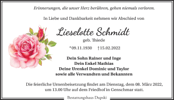 Traueranzeige von Lieselotte Schmidt von Märkische Oderzeitung