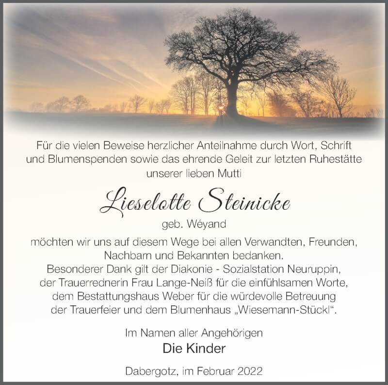  Traueranzeige für Lieselotte Steinicke vom 19.02.2022 aus Märkische Oderzeitung