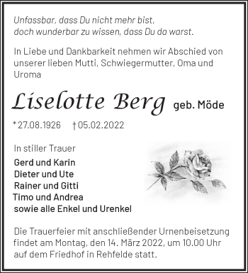 Traueranzeige von Liselotte Berg von Märkische Oderzeitung