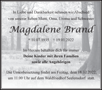 Traueranzeige von Magdalene Brand von Märkische Oderzeitung