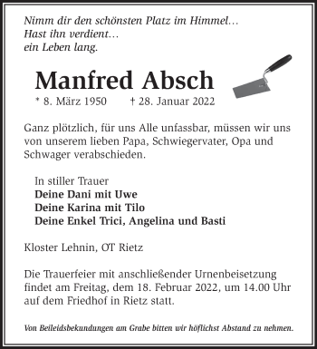 Traueranzeige von Manfred Absch von Märkische Oderzeitung