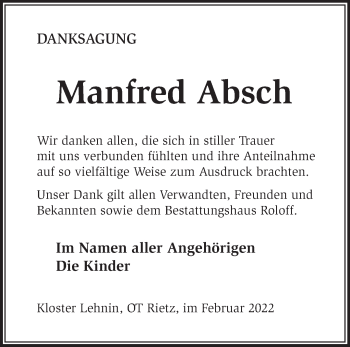 Traueranzeige von Manfred Absch von Märkische Oderzeitung