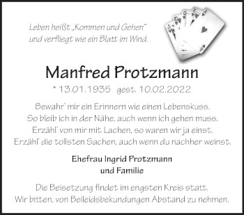 Traueranzeige von Manfred Protzmann von Märkische Oderzeitung