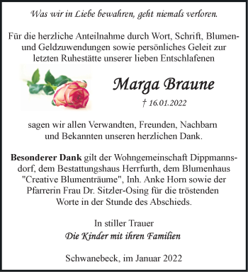 Traueranzeige von Marga Braune von Märkische Oderzeitung