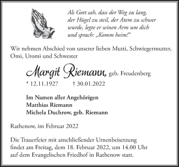 Traueranzeige von Margit Riemann von Märkische Oderzeitung