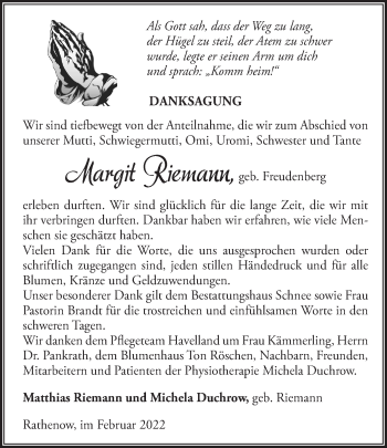 Traueranzeige von Margit Riemann von Märkische Oderzeitung