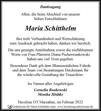 Traueranzeige von Maria Schitthelm von Märkische Oderzeitung