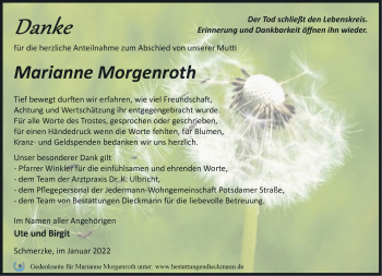 Traueranzeige von Marianne Morgenroth von Märkische Oderzeitung