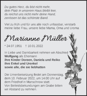 Traueranzeige von Marianne Müller von Märkische Oderzeitung