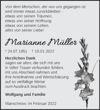 Traueranzeige von Marianne Müller von Märkische Oderzeitung