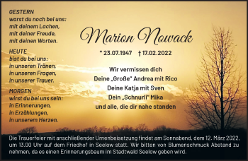 Traueranzeige von Marion Nowack von Märkische Oderzeitung
