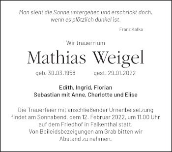 Traueranzeige von Mathias Weigel von Märkische Oderzeitung