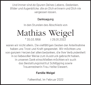 Traueranzeige von Mathias Weigel von Märkische Oderzeitung