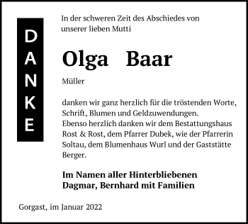 Traueranzeige von Olga Baar von Märkische Oderzeitung