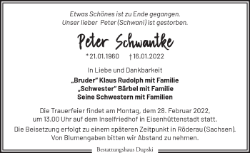 Traueranzeige von Peter Schwantke von Märkische Oderzeitung