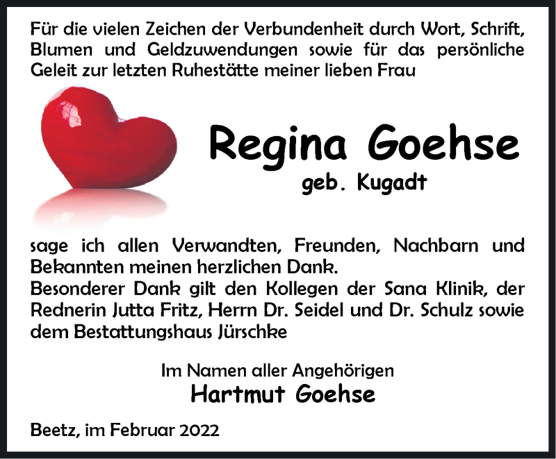  Traueranzeige für Regina Goehse vom 12.02.2022 aus Märkische Oderzeitung