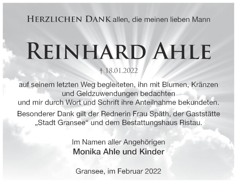  Traueranzeige für Reinhard Ahle vom 19.02.2022 aus Märkische Oderzeitung