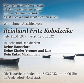 Traueranzeige von Reinhard Fritz Kolodzeike von Märkische Oderzeitung