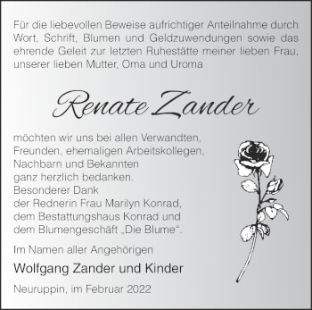 Traueranzeige von Renate Zander von Märkische Oderzeitung