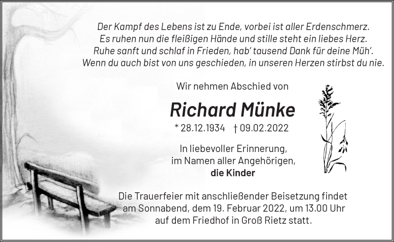  Traueranzeige für Richard Münke vom 12.02.2022 aus Märkische Oderzeitung