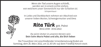 Traueranzeige von Rita Türk von Märkische Oderzeitung