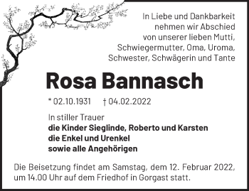 Traueranzeige von Rosa Bannasch von Märkische Oderzeitung