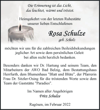 Traueranzeige von Rosa Schulze von Märkische Oderzeitung