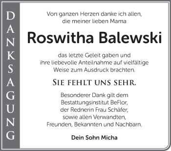 Traueranzeige von Roswitha Balewski von Märkische Oderzeitung