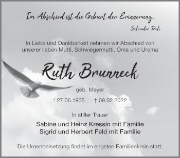 Traueranzeige von Ruth Brunneck von Märkische Oderzeitung